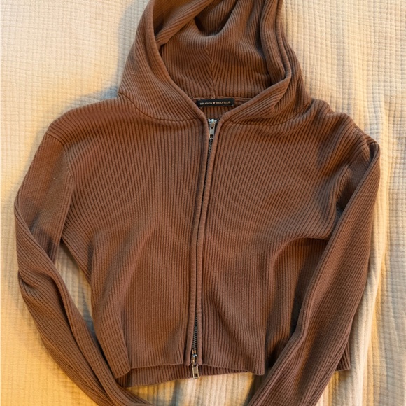 Brandy Melville Sweaters - Brown Brandy Melville Ribbed Zip-Up Hoodie